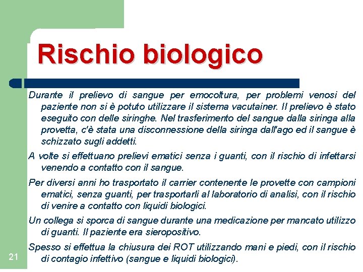 Rischio biologico Durante il prelievo di sangue per emocoltura, per problemi venosi del paziente