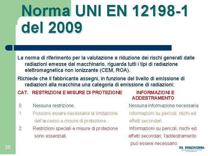 Norma UNI EN 12198 -1 del 2009 La norma di riferimento per la valutazione
