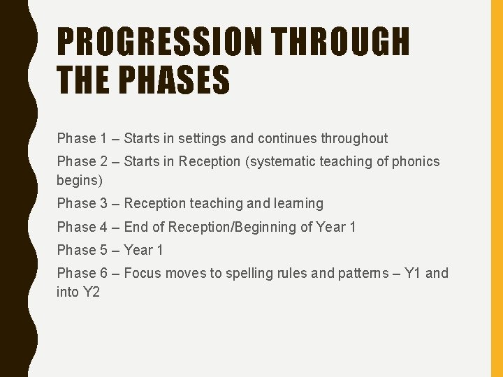 PROGRESSION THROUGH THE PHASES Phase 1 – Starts in settings and continues throughout Phase