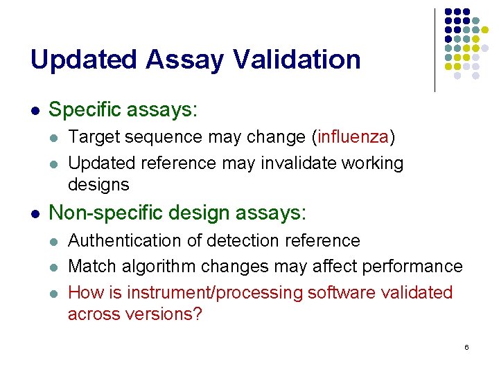 Updated Assay Validation l Specific assays: l l l Target sequence may change (influenza)