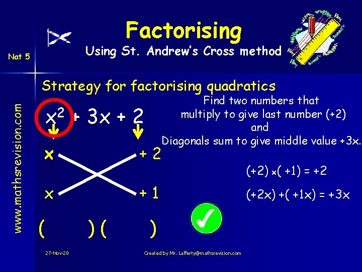 Factorising Using St. Andrew’s Cross method Nat 5 www. mathsrevision. com Strategy for factorising