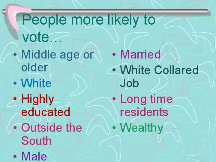 People more likely to vote… • Middle age or older • White • Highly