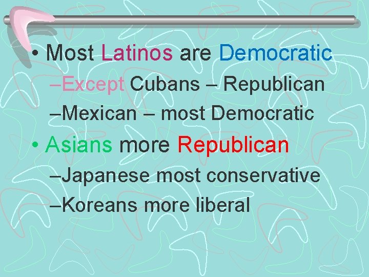  • Most Latinos are Democratic –Except Cubans – Republican –Mexican – most Democratic