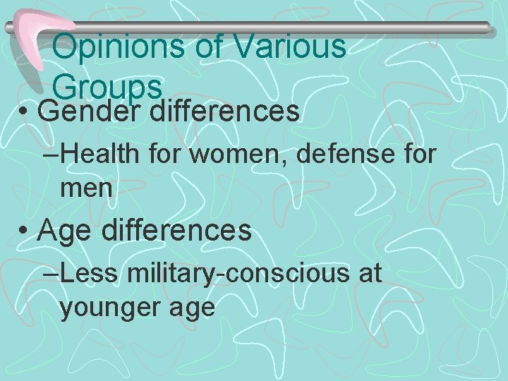 Opinions of Various Groups • Gender differences –Health for women, defense for men •