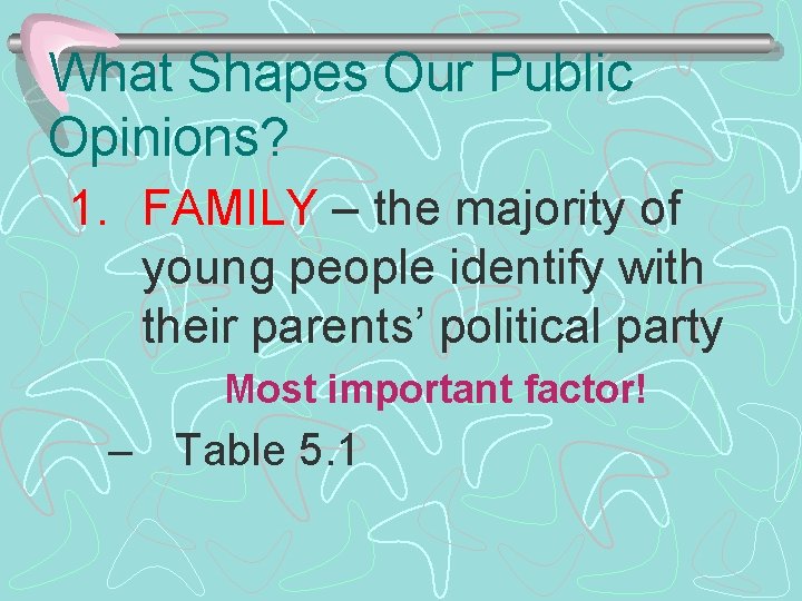 What Shapes Our Public Opinions? 1. FAMILY – the majority of young people identify