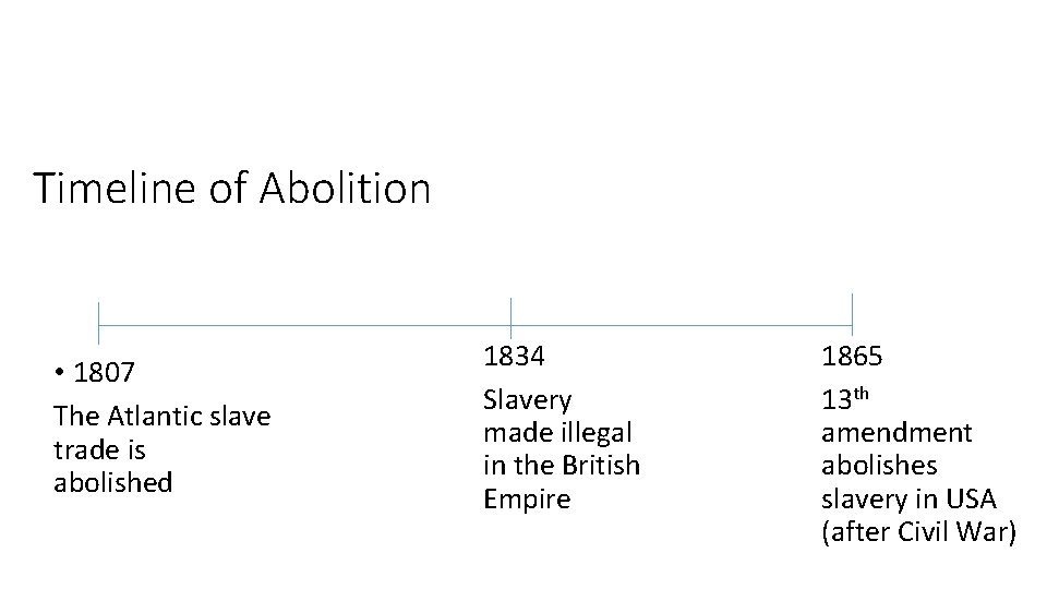 Timeline of Abolition • 1807 The Atlantic slave trade is abolished 1834 Slavery made