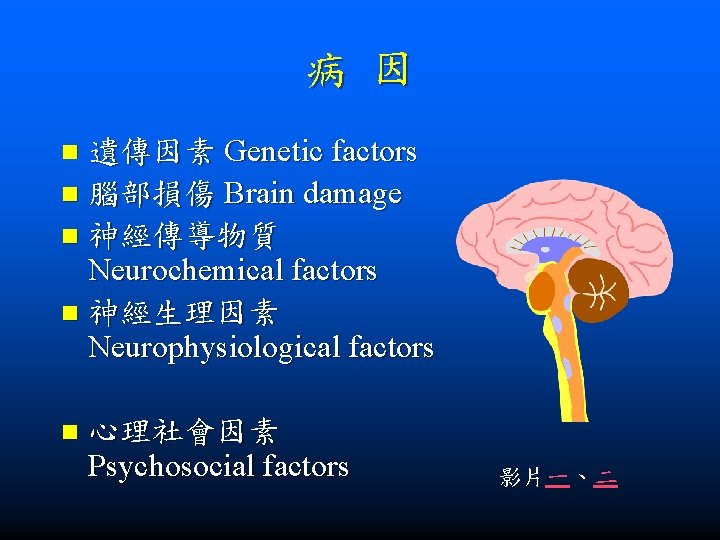 病 因 遺傳因素 Genetic factors n 腦部損傷 Brain damage n 神經傳導物質 Neurochemical factors n