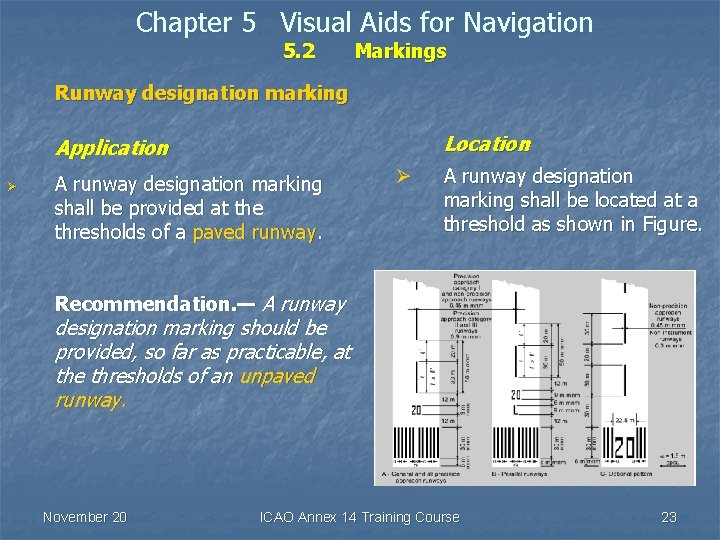 Chapter 5 Visual Aids for Navigation 5. 2 Markings Runway designation marking Location Application