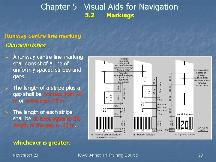 Chapter 5 Visual Aids for Navigation 5. 2 Markings Runway centre line marking Characteristics