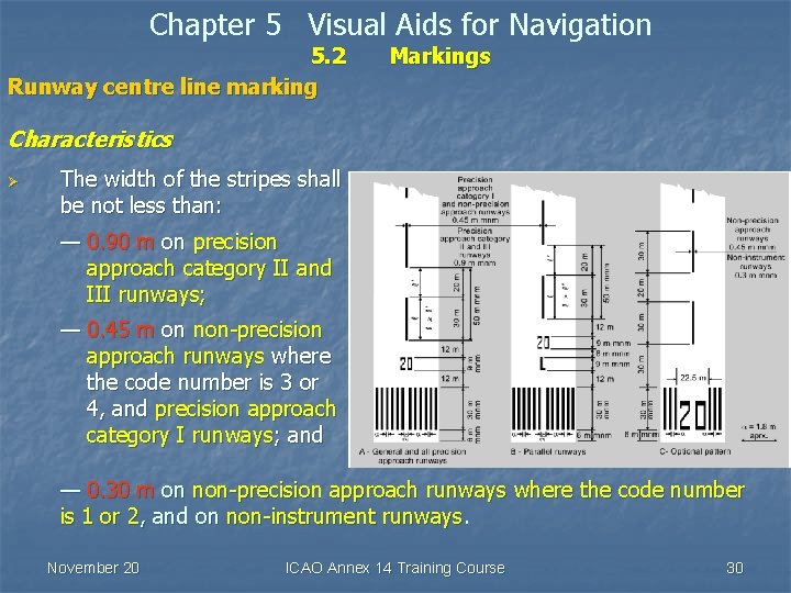 Chapter 5 Visual Aids for Navigation 5. 2 Runway centre line marking Markings Characteristics