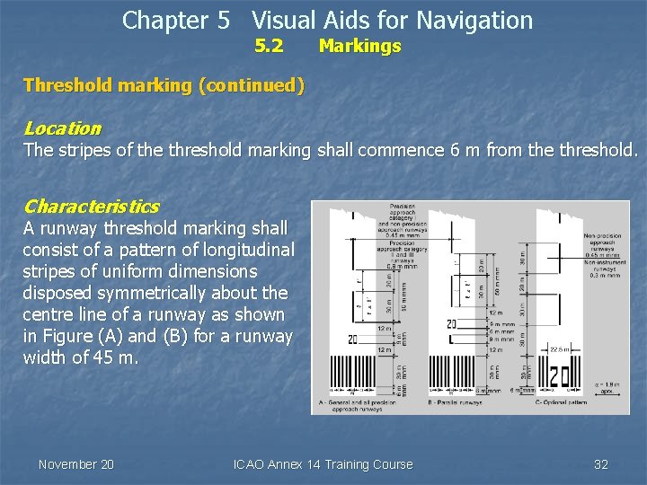 Chapter 5 Visual Aids for Navigation 5. 2 Markings Threshold marking (continued) Location The