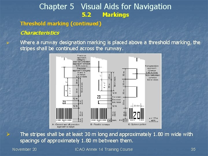 Chapter 5 Visual Aids for Navigation 5. 2 Markings Threshold marking (continued) Characteristics Ø