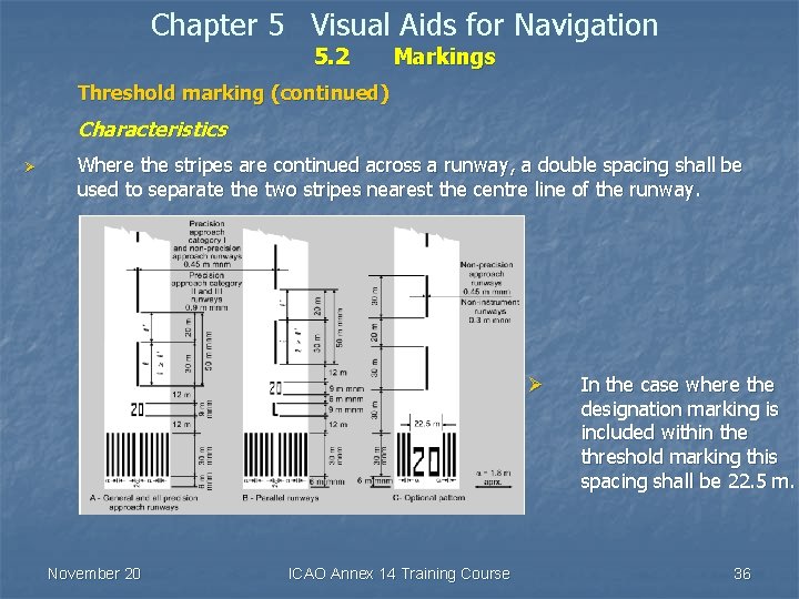 Chapter 5 Visual Aids for Navigation 5. 2 Markings Threshold marking (continued) Characteristics Ø