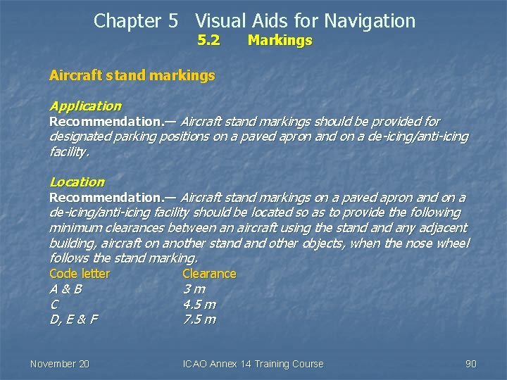 Chapter 5 Visual Aids for Navigation 5. 2 Markings Aircraft stand markings Application Recommendation.