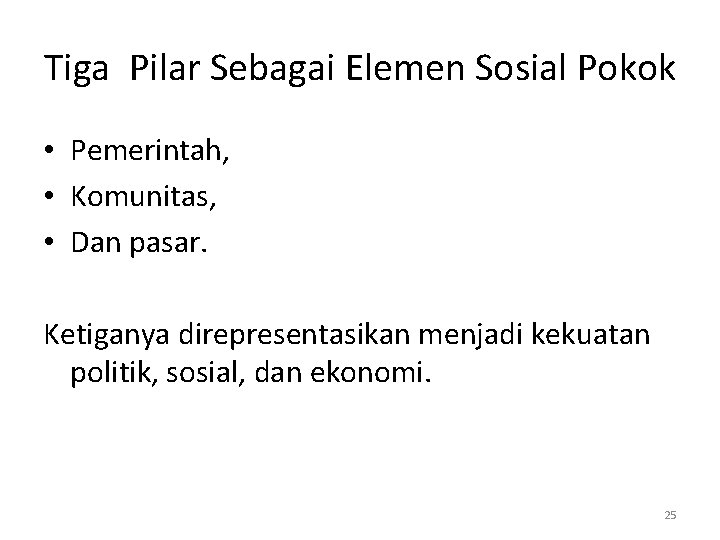 Tiga Pilar Sebagai Elemen Sosial Pokok • Pemerintah, • Komunitas, • Dan pasar. Ketiganya