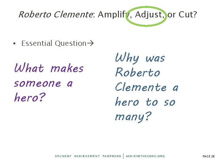 Roberto Clemente: Amplify, Adjust, or Cut? • Essential Question What makes someone a hero?