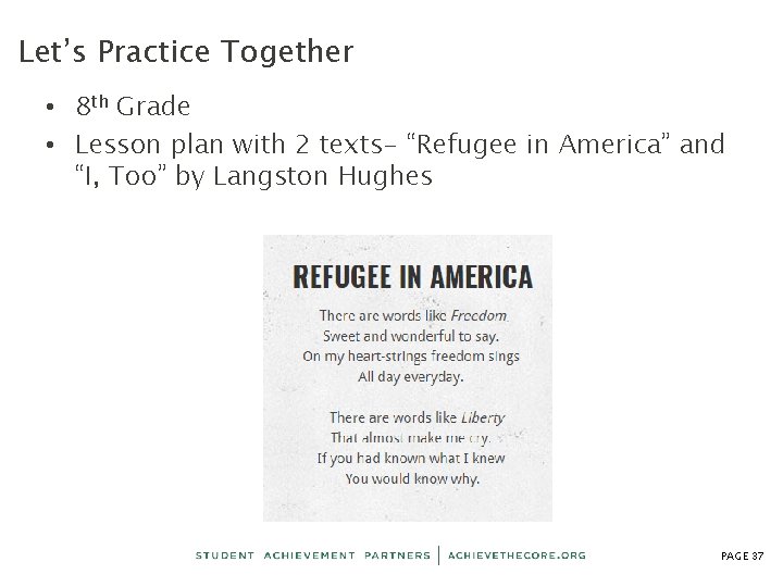 Let’s Practice Together • 8 th Grade • Lesson plan with 2 texts- “Refugee
