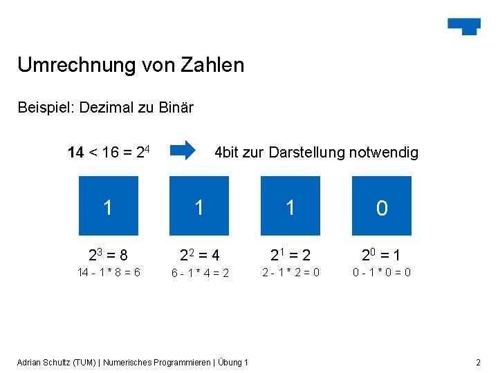 Umrechnung von Zahlen Beispiel: Dezimal zu Binär 14 < 16 = 24 4 bit