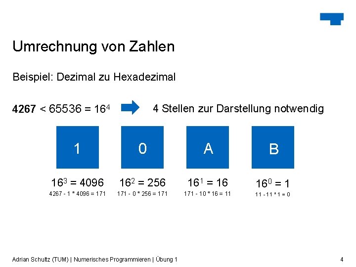 Umrechnung von Zahlen Beispiel: Dezimal zu Hexadezimal 4267 < 65536 = 164 4 Stellen