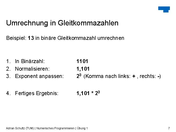 Umrechnung in Gleitkommazahlen Beispiel: 13 in binäre Gleitkommazahl umrechnen 1. In Binärzahl: 2. Normalisieren: