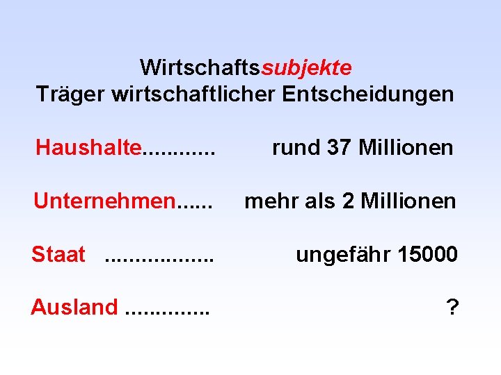 Wirtschaftssubjekte Träger wirtschaftlicher Entscheidungen Haushalte. . . rund 37 Millionen Unternehmen. . . mehr