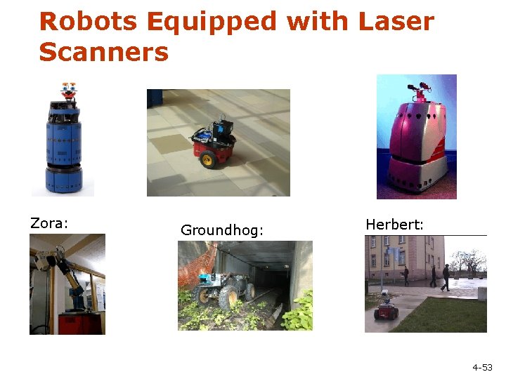 Robots Equipped with Laser Scanners Zora: Groundhog: Herbert: 4 -53 