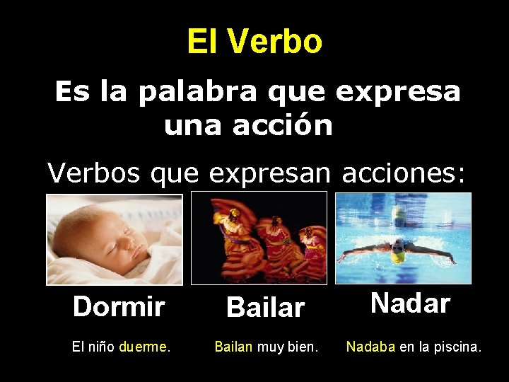 El Verbo Es la palabra que expresa una acción Verbos que expresan acciones: Dormir