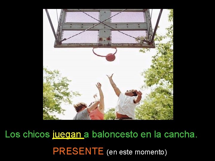 Los chicos juegan a baloncesto en la cancha. PRESENTE (en este momento) 