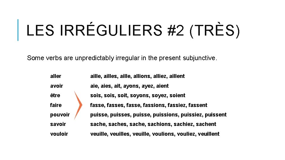LES IRRÉGULIERS #2 (TRÈS) Some verbs are unpredictably irregular in the present subjunctive. aller