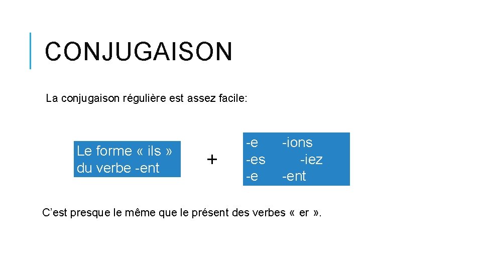CONJUGAISON La conjugaison régulière est assez facile: Le forme « ils » du verbe