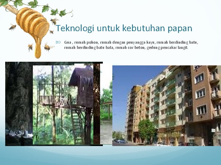 Teknologi untuk kebutuhan papan Gua , rumah pohon, rumah dengan penyangga kayu, rumah berdinding