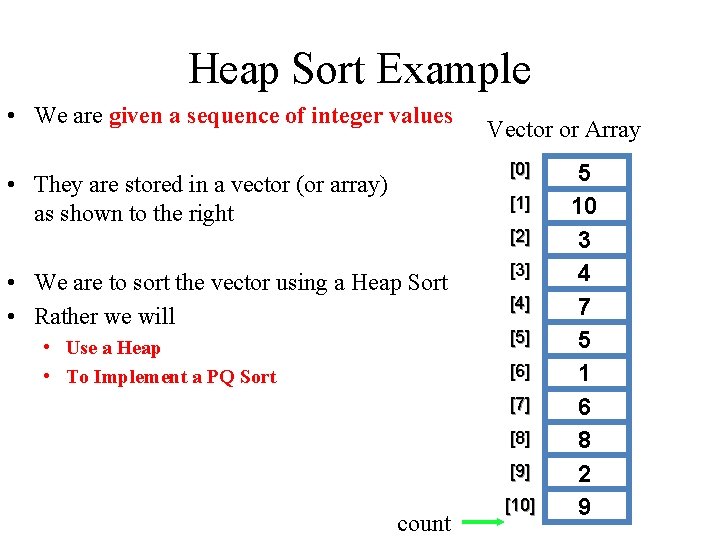 Heap Sort Example • We are given a sequence of integer values Vector or
