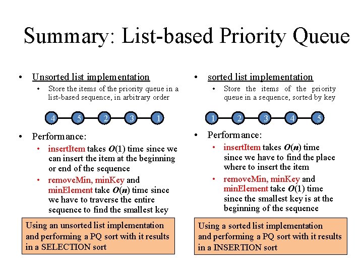 Summary: List-based Priority Queue • Unsorted list implementation • • sorted list implementation Store