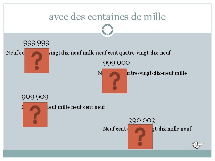 avec des centaines de mille 999 Neuf cent quatre-vingt dix-neuf mille neuf cent quatre-vingt-dix-neuf