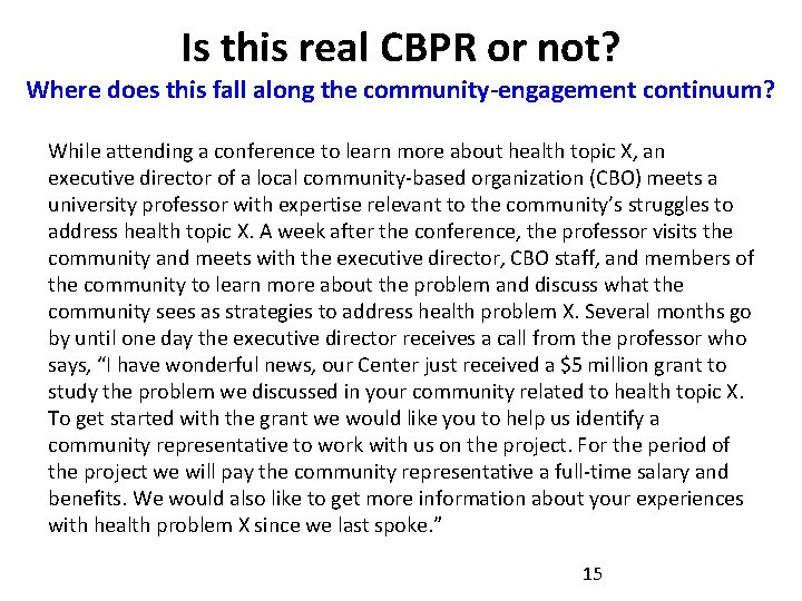 Is this real CBPR or not? Where does this fall along the community-engagement continuum?