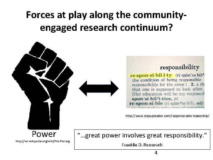 Forces at play along the communityengaged research continuum? http: //www. stepupleader. com/response-able-leadership/ Power http: