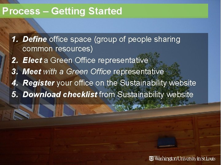 Process – Getting Started 1. Define office space (group of people sharing common resources)