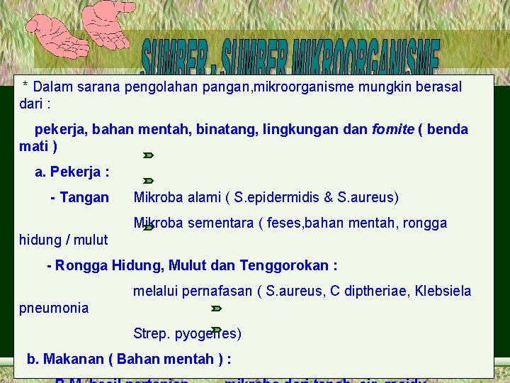 * Dalam sarana pengolahan pangan, mikroorganisme mungkin berasal dari : pekerja, bahan mentah, binatang,