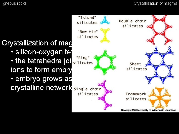 Igneous rocks Crystallization of magma • silicon-oxygen tetrahedra form first • the tetrahedra join