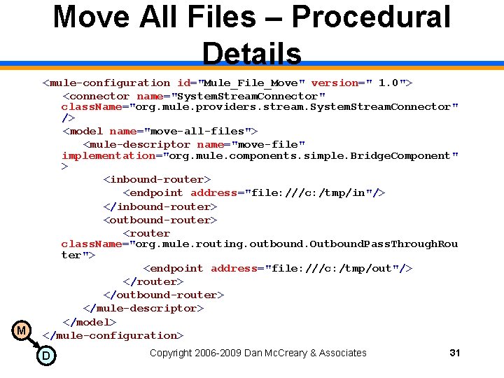 Move All Files – Procedural Details M <mule-configuration id="Mule_File_Move" version=" 1. 0"> <connector name="System.
