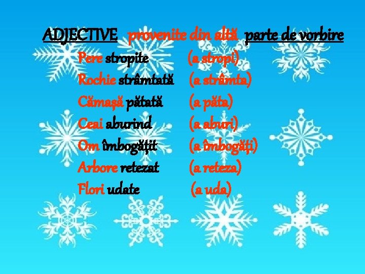 ADJECTIVE provenite din altă parte de vorbire Pere stropite Rochie strâmtată Cămaşă pătată Ceai ADJECTIVE provenite din altă parte de vorbire Pere stropite Rochie strâmtată Cămaşă pătată Ceai