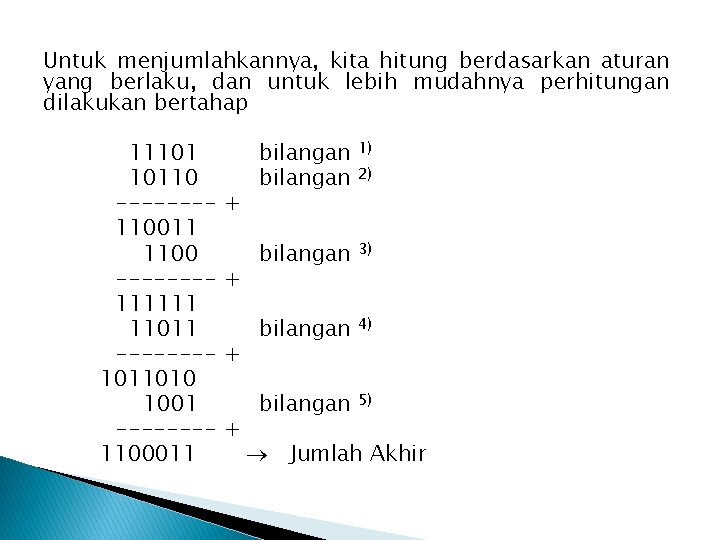 Untuk menjumlahkannya, kita hitung berdasarkan aturan yang berlaku, dan untuk lebih mudahnya perhitungan dilakukan