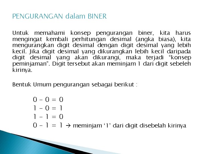 PENGURANGAN dalam BINER Untuk memahami konsep pengurangan biner, kita harus mengingat kembali perhitungan desimal