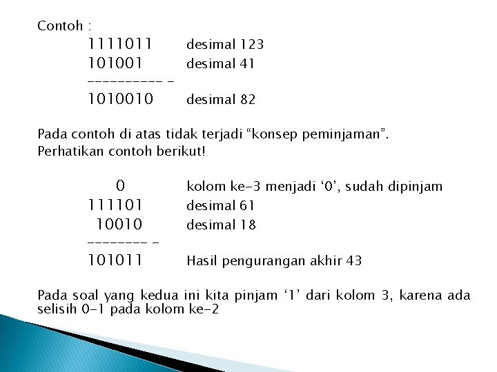 Contoh : 1111011 101001 desimal 123 desimal 41 1010010 desimal 82 ----- - Pada