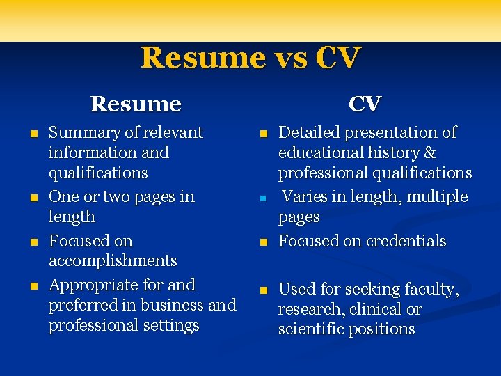 Resume vs CV Resume n n Summary of relevant information and qualifications One or