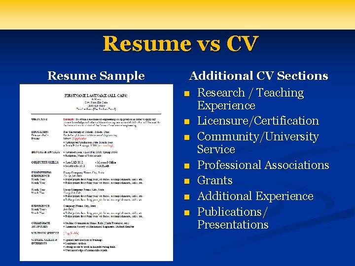 Resume vs CV Resume Sample Additional CV Sections n Research / Teaching Experience n