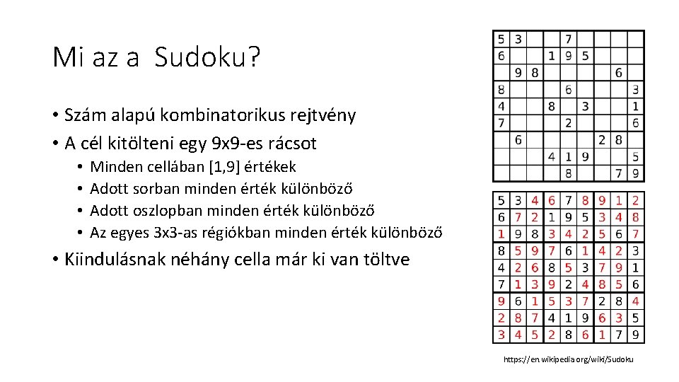 Mi az a Sudoku? • Szám alapú kombinatorikus rejtvény • A cél kitölteni egy
