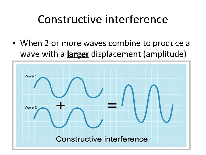 Constructive interference • When 2 or more waves combine to produce a wave with