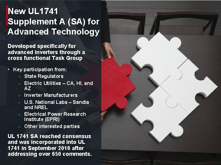 New UL 1741 Supplement A (SA) for Advanced Technology Developed specifically for advanced inverters