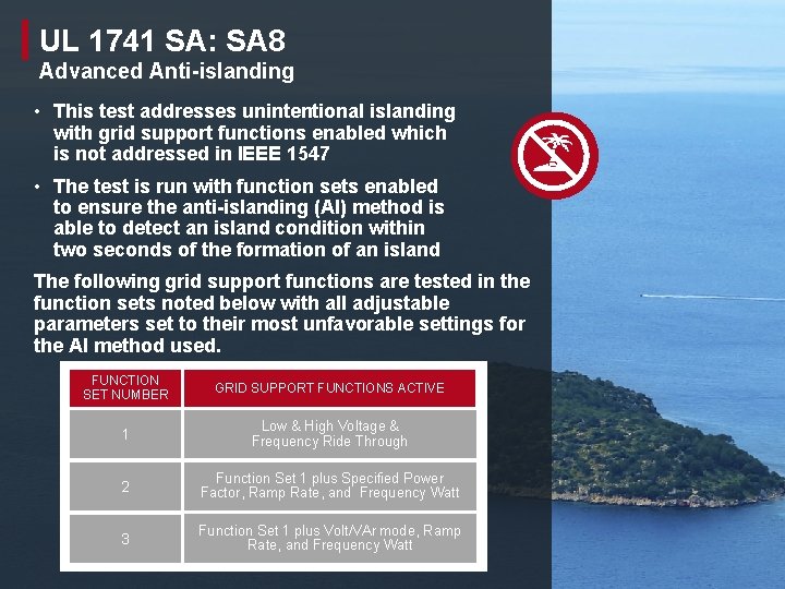 UL 1741 SA: SA 8 Advanced Anti-islanding • This test addresses unintentional islanding with